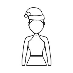 flat line  uncolord woman with  santa hat  over  white background vector illustration