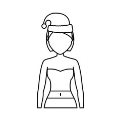 flat line  uncolord woman with  santa hat  over  white background vector illustration