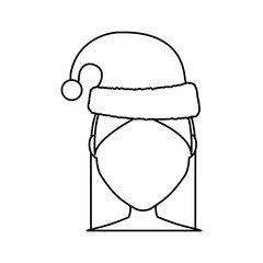 flat line uncolored  woman face with santa hat over white background vector illustration