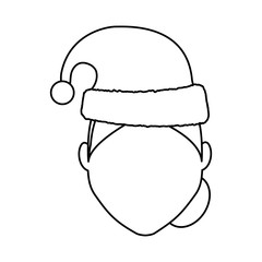 flat line uncolored man face with  santa hat  over white  background  vector illustration
