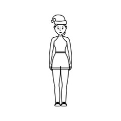 flat line  uncolord woman with  santa hat  over  white background vector illustration