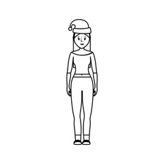 flat line  uncolord woman with  santa hat  over  white background vector illustration
