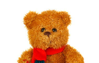 Brown teddy bear with red scarf