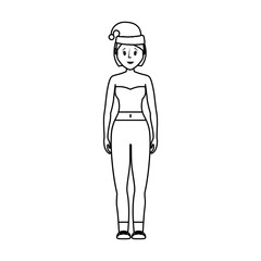 flat line  uncolord woman with  santa hat  over  white background vector illustration