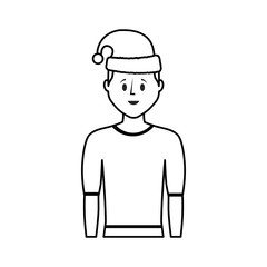 flat line uncolored  man  with santa hat over white background vector illustration