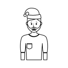 flat line uncolored  man  with santa hat over white background vector illustration