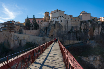 View to hanging houses "casas colgadas" of medieval city Cuenca old town and San Pablo bridge. Cuenca, Spain