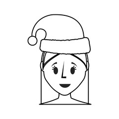 flat line uncolored woman face with santa hat over white background  vector illustration