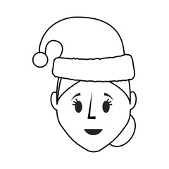 flat line uncolored woman face with santa hat over white background  vector illustration
