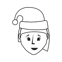 flat line uncolored woman face with santa hat over white background  vector illustration