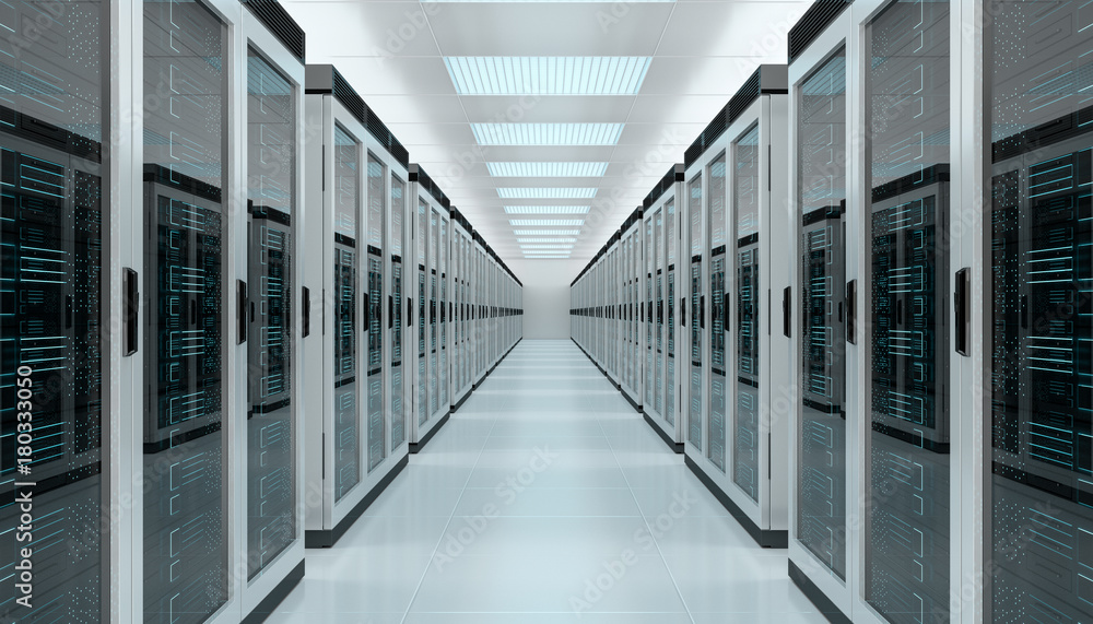 Poster server room data center interior 3d rendering