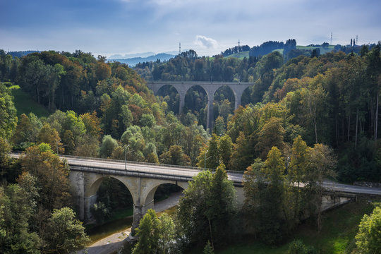 St. Gallen Bridge Trail, mountains and peaks landscape background, natural environment. Saint Gallen, Switzerland, Europe