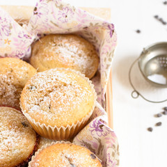 Obraz na płótnie Canvas muffins with pears and chocolate chips, dust with icing sugar. muffins are put in a beautiful wooden box. good and healthy breakfast.