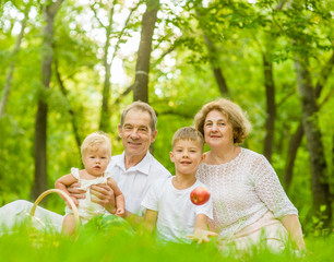 Fototapeta premium Grandparents have fun with grandchildren in nature