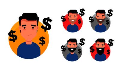 Guy Worried About Money With Dollar Signs Character Design