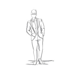 Sketch Silhouette Of Confedent Business Man In Suit, Businessman Full Length On White Background Vector Illustration
