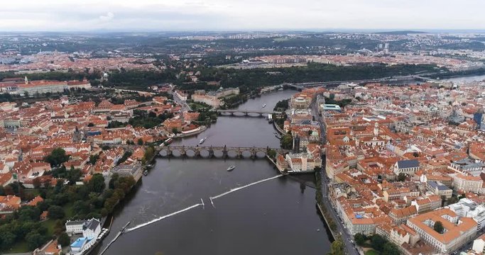 Aerial view of Prague city and River Vitava, Czech Republic