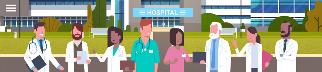 Group Of Medical Doctors Standing In Front Of Hospital Building Exterior Horizontal Banner Flat Vector Illustration