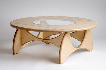 Bare Wood Designer Circular Low Table with Glass in Center