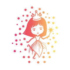 princess fairy with crown and magic wand and stars in degraded magenta to yellow color contour