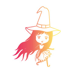cute witch flying in degraded magenta to yellow color contour