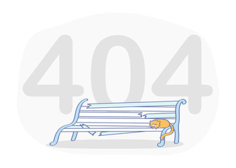 404 icon, page not found, 404 error page concept. Empty broken bench with cute cat and inscription 404. Flat outline vector illustration, premium quality cartoon symbol concept.