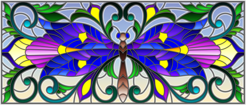 Illustration in stained glass style with bright dragonfly and floral ornament on a sky background