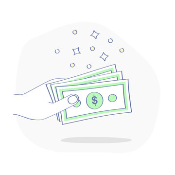 Payment, pay, give money, salary, wage. Flat outline vector of hand giving money. Vector business illustration. Premium quality.