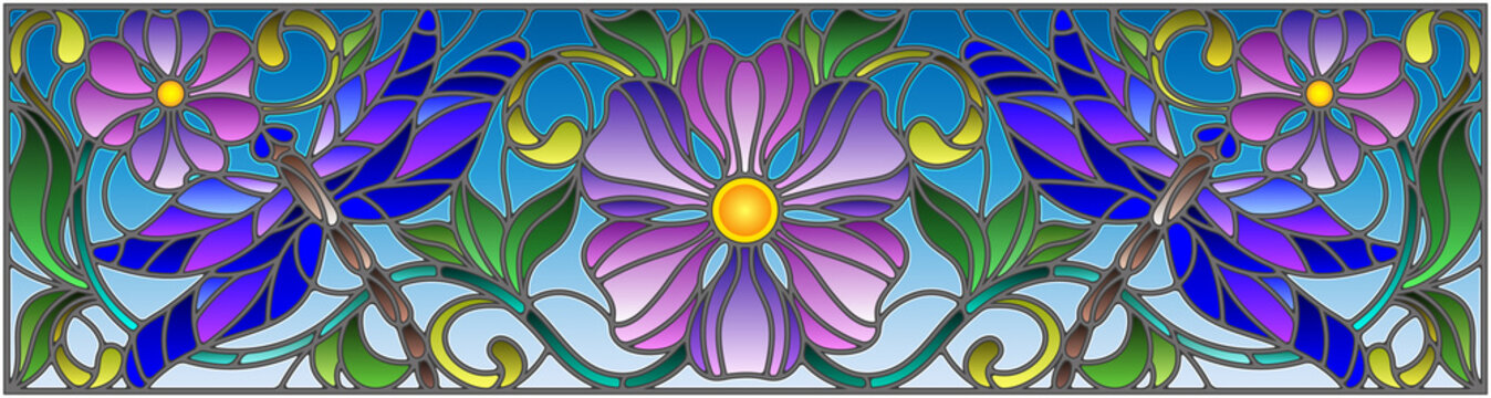 Illustration in stained glass style with bright dragonflyes , floral ornament and purple flowers on a sky background