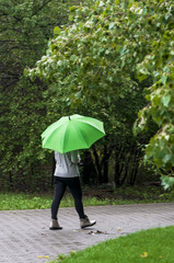 Woman with umbrella covering from the rain. Rear view. From behind. Real people.