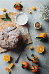 Christmas Panettone. Homemade traditional Italian cake. Top view.