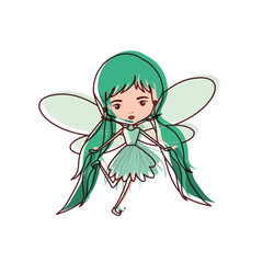 girly fairy flying with wings and pigtails hairstyle in watercolor silhouette