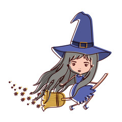 cute witch flying with broom colorful and trace of stars in watercolor silhouette