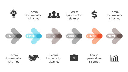 Vector arrows circles timeline infographic, diagram chart, graph presentation. Business progress concept with 6 options, parts, steps, processes.