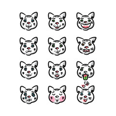 A set of emotion flat icons of a cartoon colored linear cat. Vector, isolated on background.