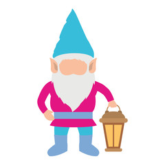 gnome without face and colorful costume with hand lamp on white background