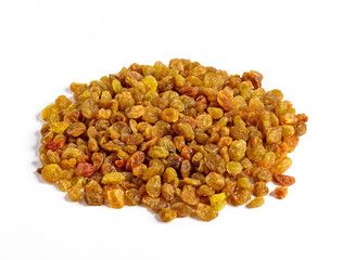 Dried grapes on a white background.