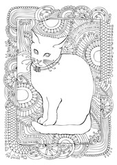 Hand drawn cat. Sketch for anti-stress adult coloring book in zen-tangle style. Vector illustration for coloring page.
