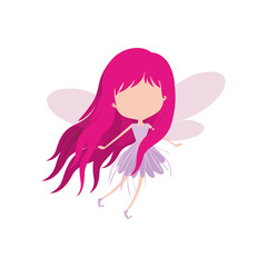 girly fairy with wings and without face and magenta long hair in violet dress on white background