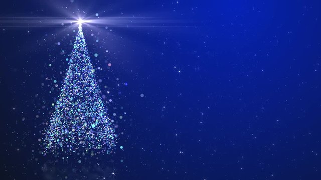 Merry Christmas greeting video card. Christmas tree with shining light, falling snowflakes and stars, 4K video background