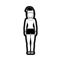 flat line monochromatic woman with santa hat over white background  vector illustration
