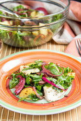 Rustic salad with chicken, lettuce, potatoes, marinated onion, healthy lunch, tatsy