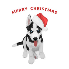 Puppy portrait in a red Santa's hat. Black and white Siberian husky with blue eyes. Merry Christmas and Happy New Year. The dog is a symbol of 2018. Vector illustration