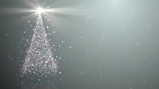 Merry Christmas greeting video card. Christmas tree with shining light, falling snowflakes and stars, 4K video background