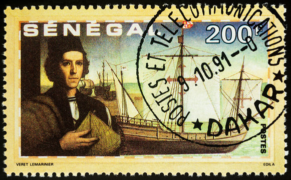 Christopher Columbus and ship "Pinta" on postage stamp