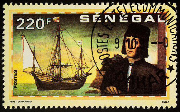 Christopher Columbus and ship "Nina" on postage stamp