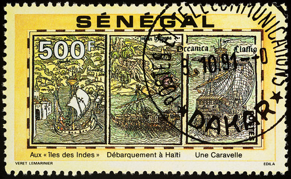 Details of Columbus's voyages on postage stamp