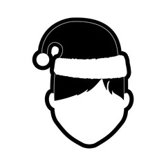 flat line  monochromatic  man  face  with santa hat  over white background  vector illustration