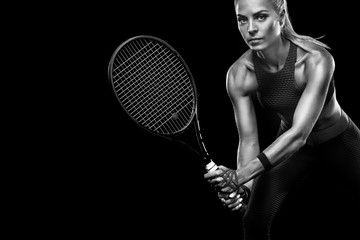Beautiful blonde sport woman tennis player with racket in red costume
