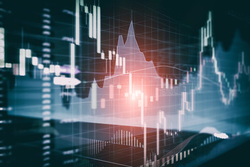 Candle stick graph and bar chart of stock market investment trading.